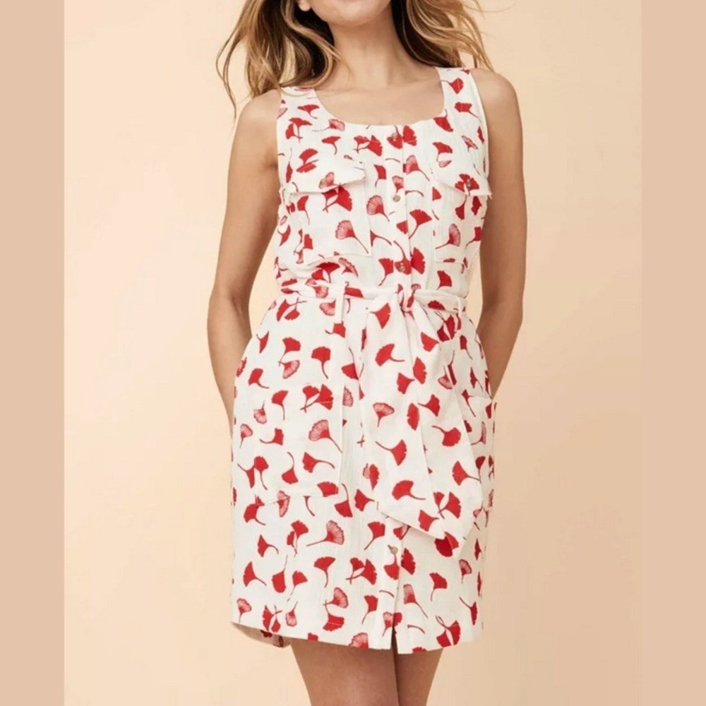 UNTUCKit Women's‎ Size Medium Marianne Red Ginkgo Leaf Print Belted Shirtdress